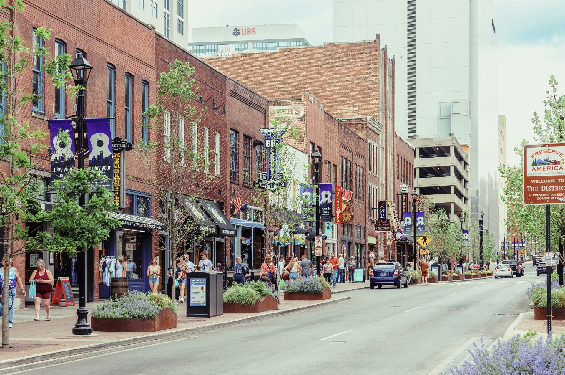 Historic brick storefronts along Second Avenue in downtown Nashville
